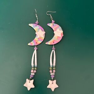 Whimsical star and moon rainbow statement earrings